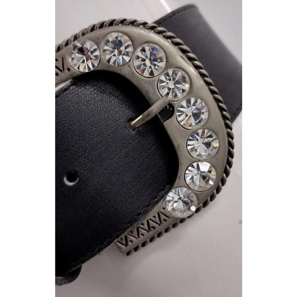 Black Heavy Leather Belt Rhinestone Studded 80s Rocker Size Large Cinch Waist 34